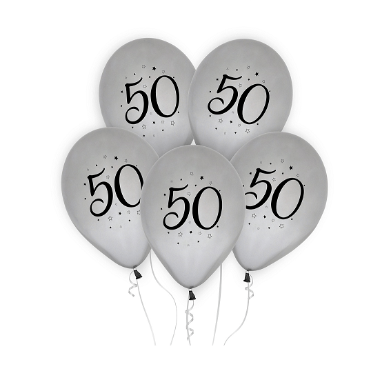 5 Balões Festa 50 Anos Prata 30 cm