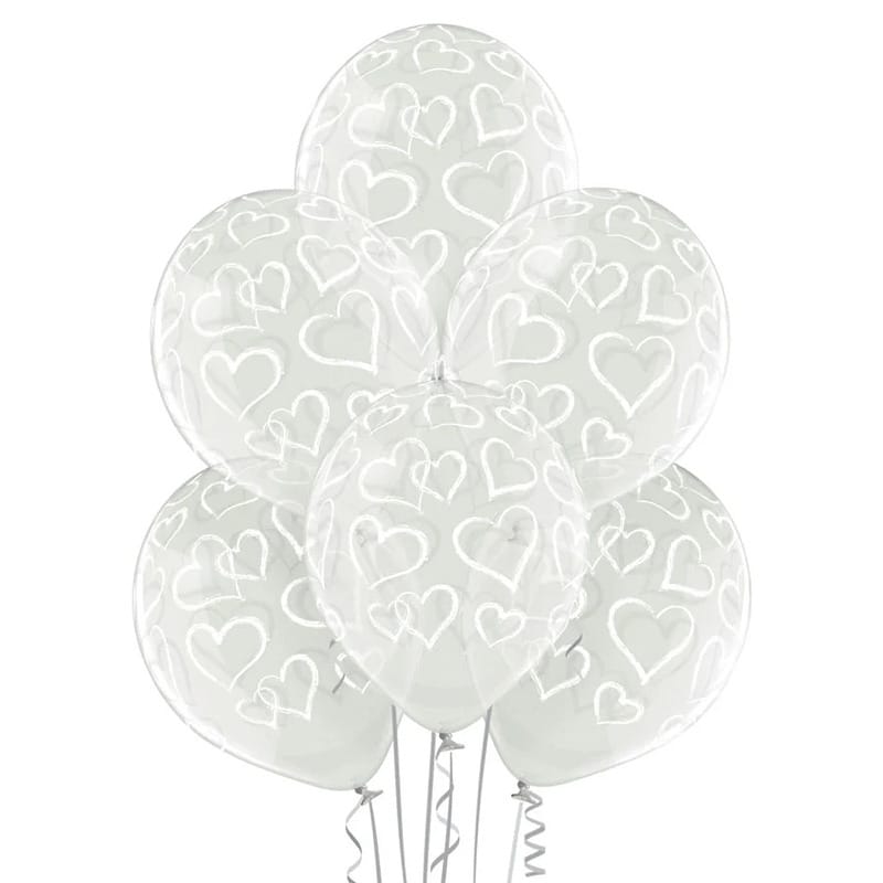 6 Balões Transparentes Latex Corações 30 cm